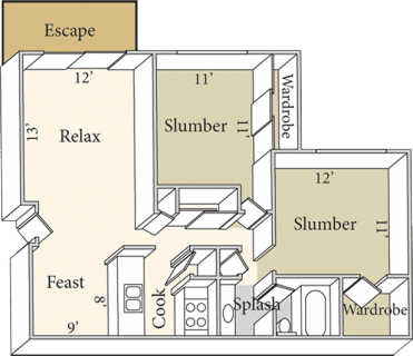 Floor plan for 2 beds, 1 bath, 850 sqft